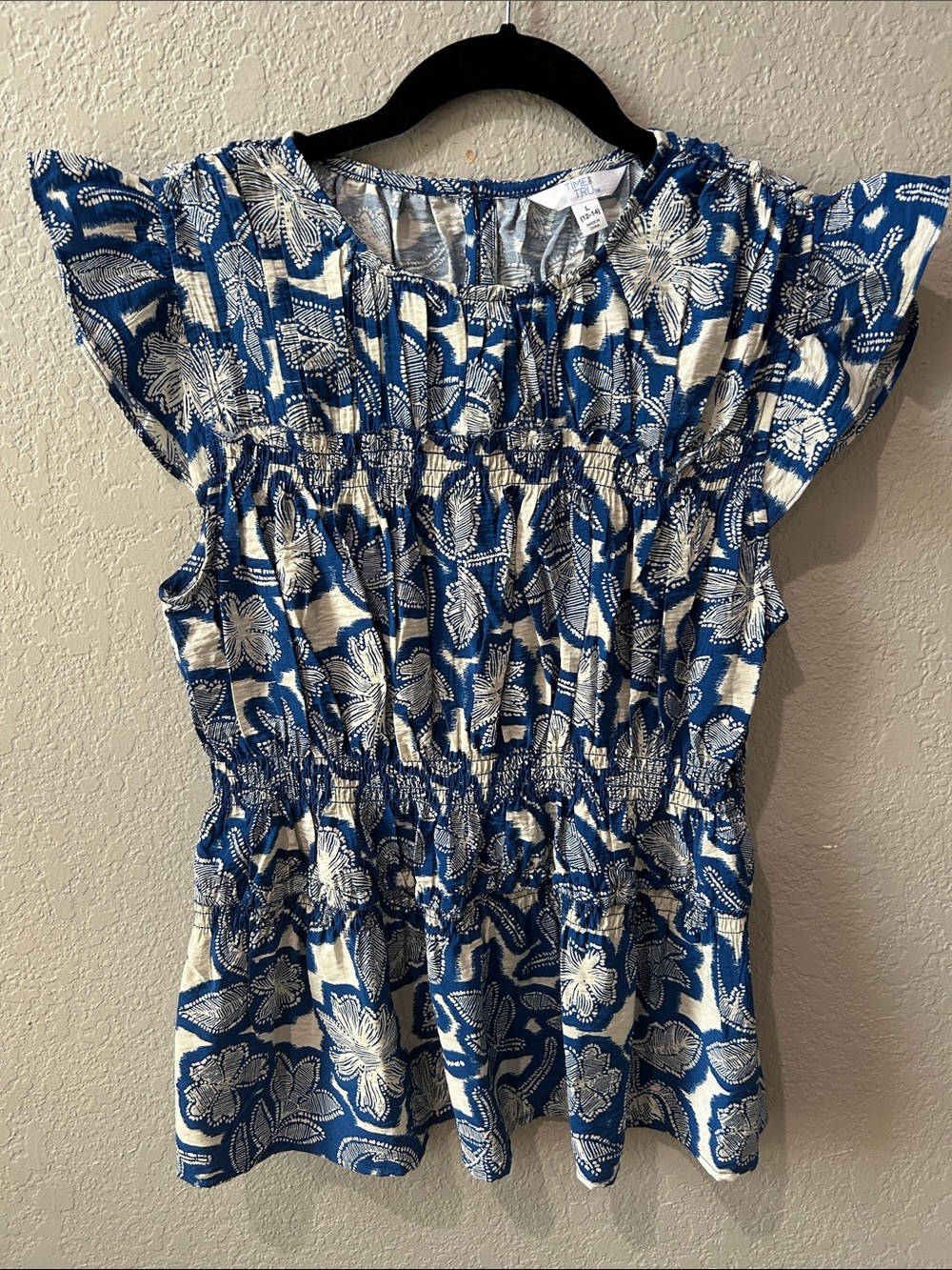 Time and Tru Blue and White Floral Smocked Peplum Top